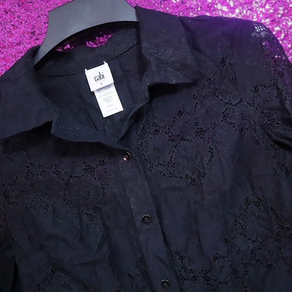 BLACK LACE BLOUSE S CAbi Buttondown Top Shirt Office Work Sheer